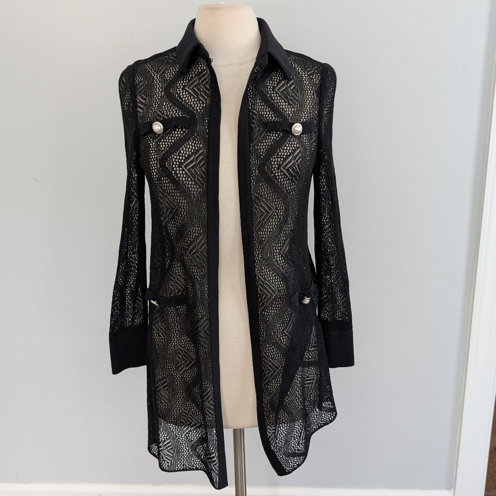 Women's Ming Wang Black Pearl Button Sweater Cardigan Lace XS